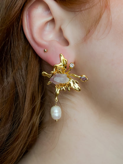 Aretes mariposas con amatista y perlas